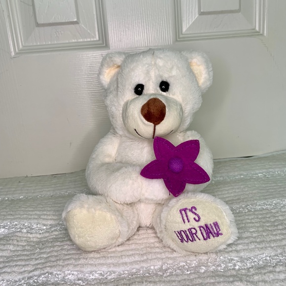 Bear Plush with Flower - White - It's Your Day - 8" - Picture 2 of 6